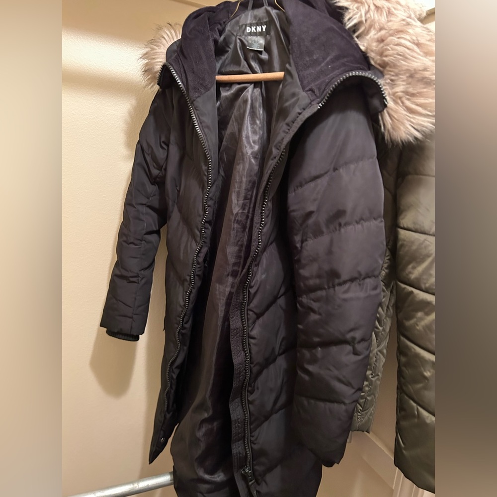 DKNY long coat with fur hood